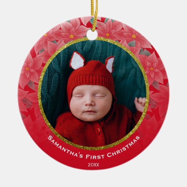 Jolly Red Poinsettia Baby's First Christmas Cerami Ceramic Ornament (Front)