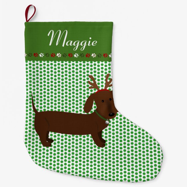 Jolly Reindeer Brown Dachshund Personalised Large Christmas Stocking (Front)