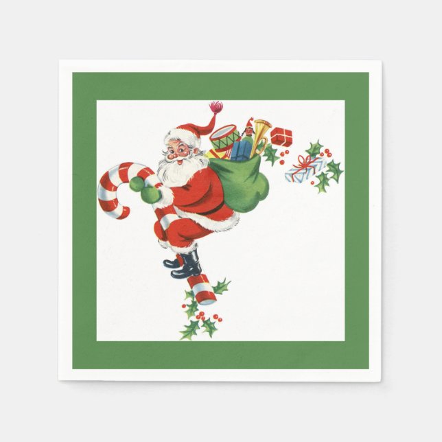 Jolly Retro Santa Riding Candy Cane Green Paper Napkin (Front)