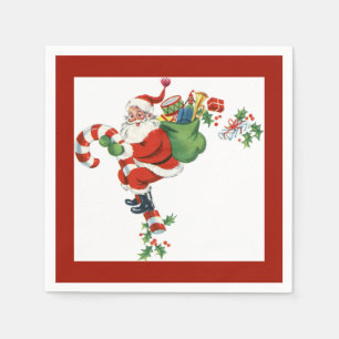 Jolly Retro Santa Riding Candy Cane Red Napkin
