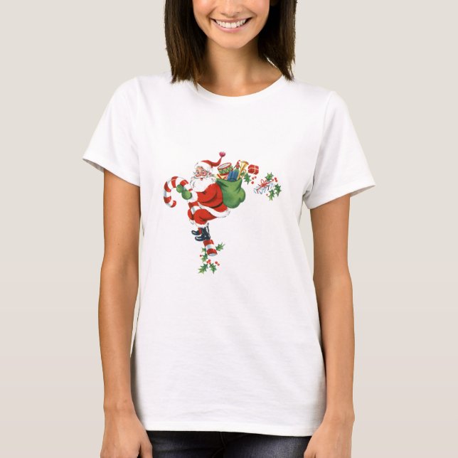 Jolly Retro Santa Riding Candy Cane T-Shirt (Front)