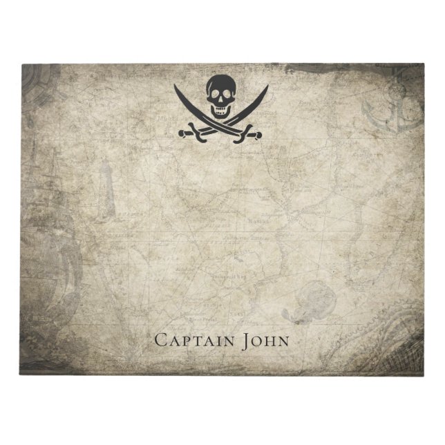 Jolly Roger and Name on Vintage Map Notepad (Front)