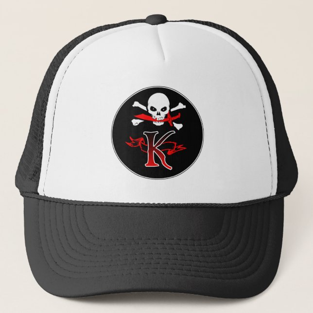 Jolly Roger K Monogram Initial Trucker Hat (Front)