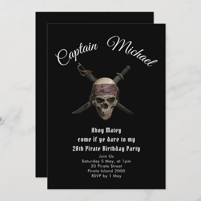 Jolly Roger pirate birthday party invitations (Front/Back)