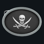 Jolly roger pirate flag belt buckle<br><div class="desc">Easily personalise this fun Jolly Roger pirate skull and crossed swords flag on a black background. You can easily change the background colour from a range of over 200 colours .</div>