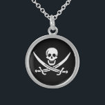Jolly roger pirate flag sterling silver necklace<br><div class="desc">Easily personalise this fun kids modern  Jolly Roger pirate skull graphic  and crossed swords flag on a black background. You can easily change the background colour from a range of over 200 colours .</div>