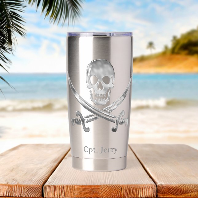Jolly Roger Pirate Silver Custom Insulated Tumbler (Beach (Rotated))