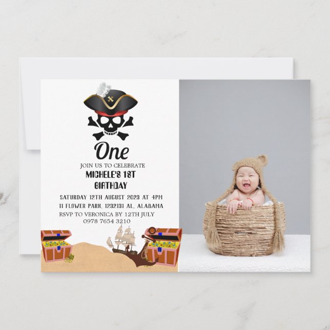 Jolly Roger Pirate | Simple First Birthday photo Invitation (Front)