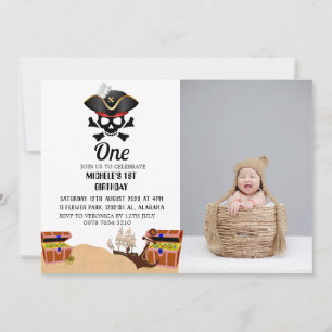 Jolly Roger Pirate   Simple First Birthday photo Invitation