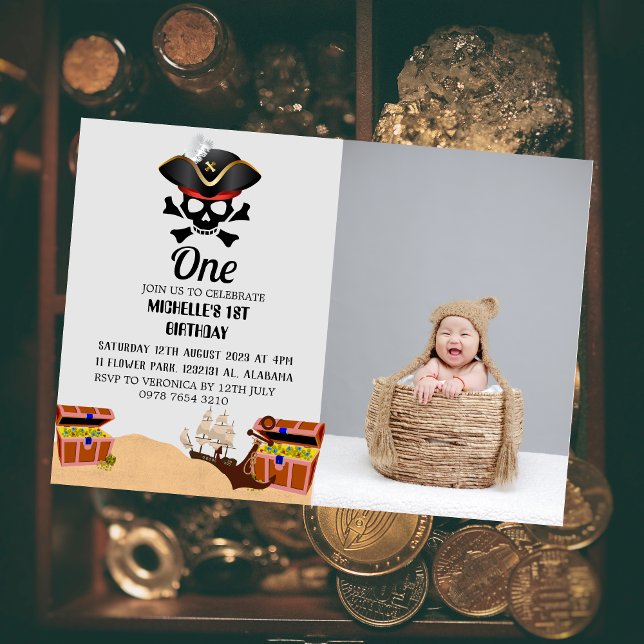 Jolly Roger Pirate | Simple First Birthday photo Invitation (Creator Uploaded)