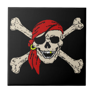 Jolly Roger Pirate Skull Bones Red Bandanna Ceramic Tile