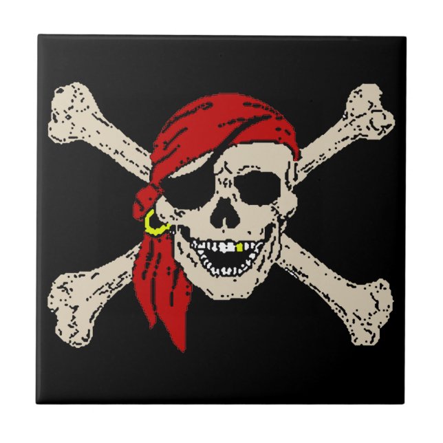Jolly Roger Pirate Skull Bones Red Bandanna Ceramic Tile (Front)