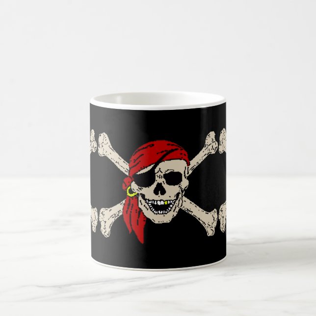 Jolly Roger Pirate Skull Bones Red Bandanna Coffee Mug (Center)