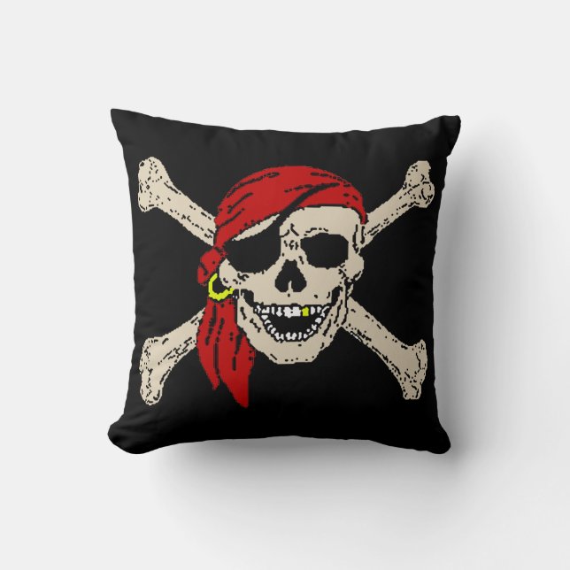 Jolly Roger Pirate Skull Bones Red Bandanna Cushion (Front)
