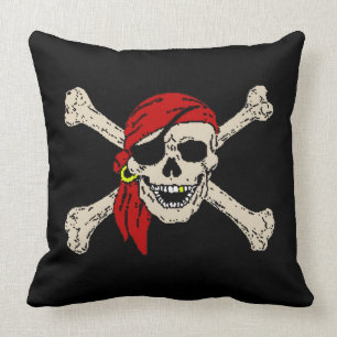 Jolly Roger Pirate Skull Bones Red Bandanna Larger Cushion