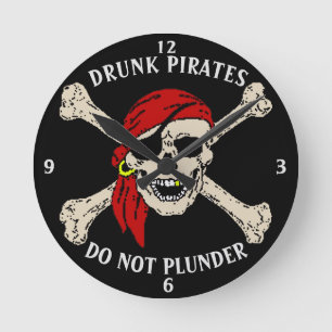 Jolly Roger Pirate Skull Bones Red Bandanna Round  Clock