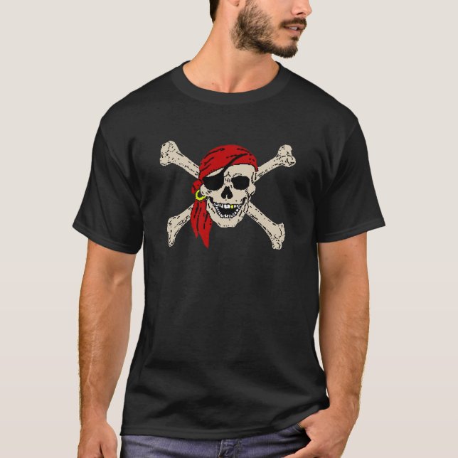 Jolly Roger Pirate Skull Bones Red Bandanna T-Shirt (Front)