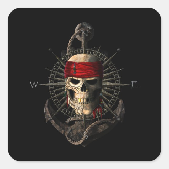 Jolly Roger Pirate Skull Sailing Compass Anchor Square Sticker (Front)