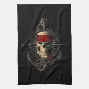 Jolly Roger Pirate Skull Sailing Compass Anchor Tea Towel