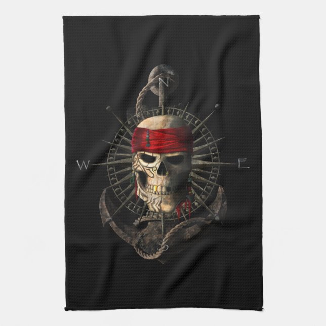 Jolly Roger Pirate Skull Sailing Compass Anchor Tea Towel (Vertical)