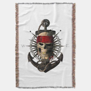 Jolly Roger Pirate Skull Sailing Compass Anchor Throw Blanket