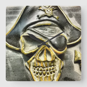 Jolly Roger Pirate Treasure Chest Square Wall Clock