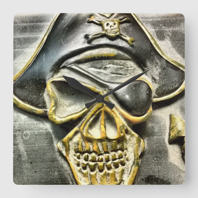 Jolly Roger Pirate Treasure Chest Square Wall Clock (Front)
