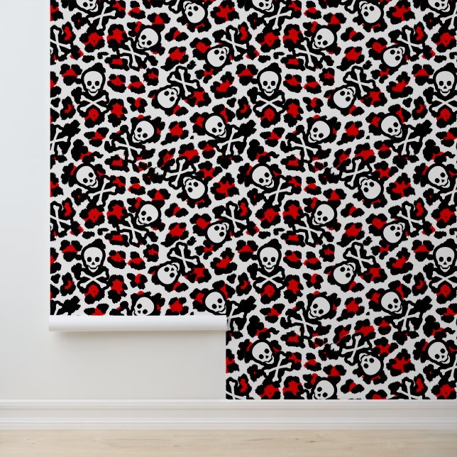 Jolly Roger Red Black Punk Leopard Print Pirate Wallpaper (Application)