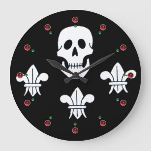 JOLLY ROGER SKULL AND THREE LILIES FLAG ,Amethyst Large Clock