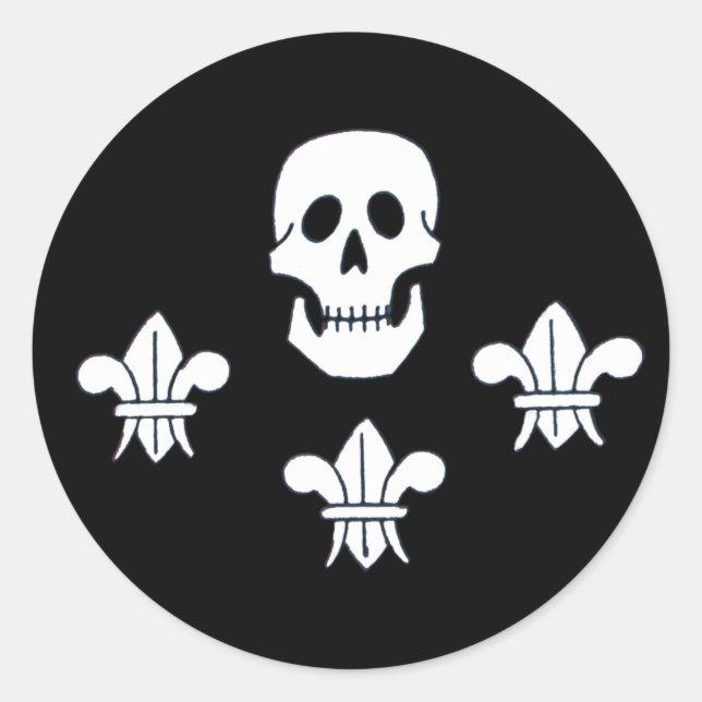 JOLLY ROGER SKULL AND THREE LILIES FLAG CLASSIC ROUND STICKER (Front)
