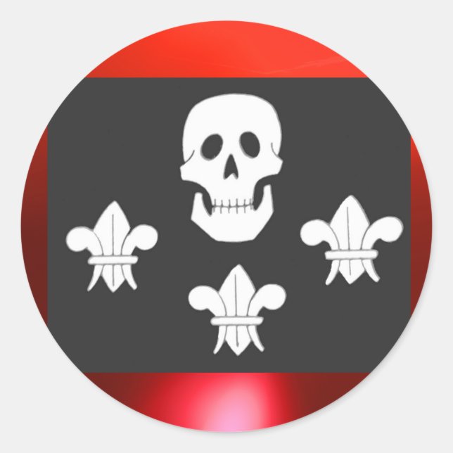 JOLLY ROGER SKULL AND THREE LILIES FLAG CLASSIC ROUND STICKER (Front)
