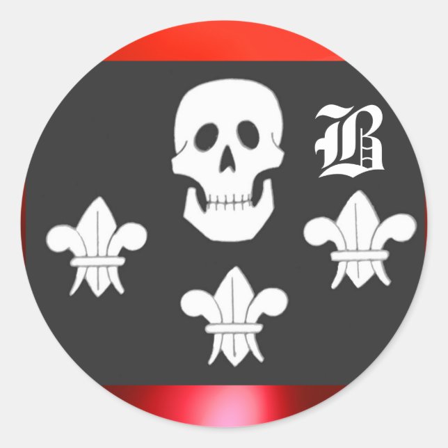 JOLLY ROGER SKULL AND THREE LILIES FLAG MONOGRAM CLASSIC ROUND STICKER (Front)
