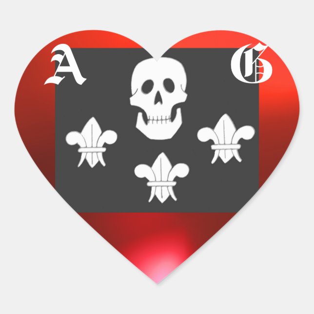 JOLLY ROGER SKULL AND THREE LILIES FLAG MONOGRAM HEART STICKER (Front)