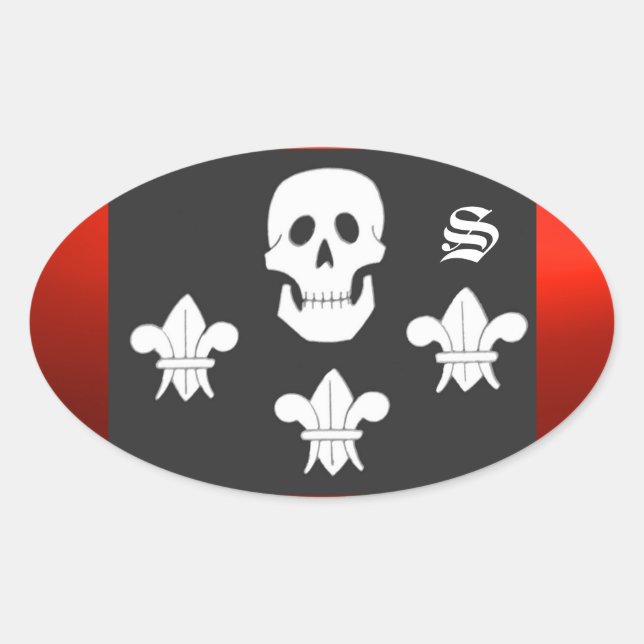 JOLLY ROGER SKULL AND THREE LILIES FLAG MONOGRAM OVAL STICKER (Front)