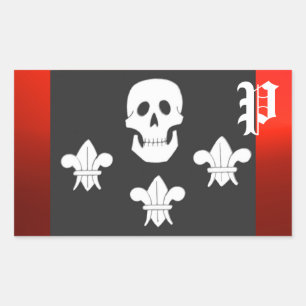 JOLLY ROGER SKULL AND THREE LILIES FLAG MONOGRAM RECTANGULAR STICKER