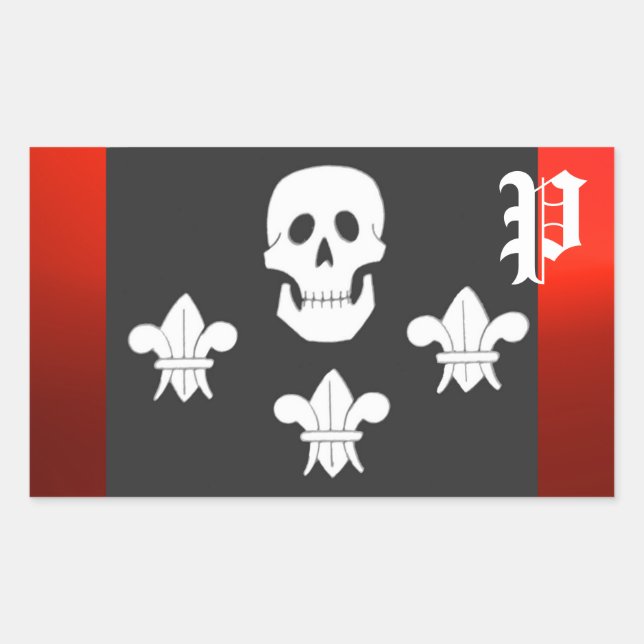 JOLLY ROGER SKULL AND THREE LILIES FLAG MONOGRAM RECTANGULAR STICKER (Front)