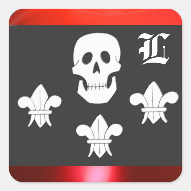 JOLLY ROGER SKULL AND THREE LILIES FLAG MONOGRAM SQUARE STICKER (Front)