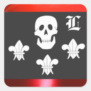 JOLLY ROGER SKULL AND THREE LILIES FLAG MONOGRAM SQUARE STICKER