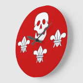 JOLLY ROGER SKULL AND THREE LILIES FLAG, Red Large Clock (Angle)