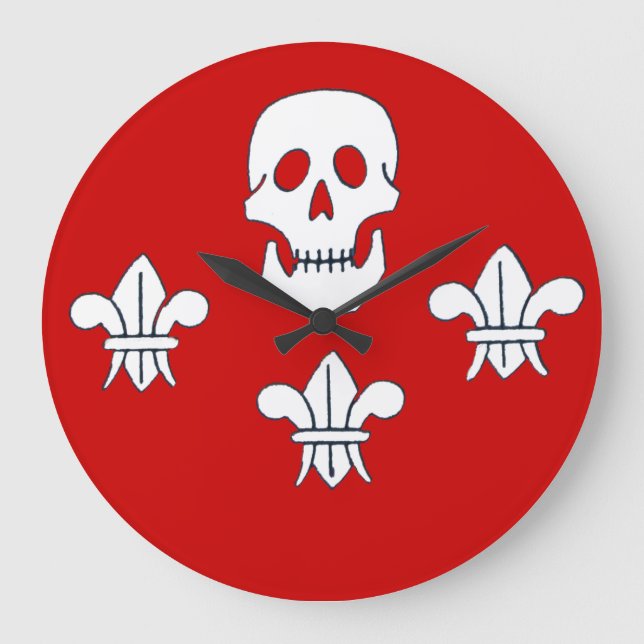 JOLLY ROGER SKULL AND THREE LILIES FLAG, Red Large Clock (Front)