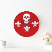 JOLLY ROGER SKULL AND THREE LILIES FLAG, Red Large Clock (Home)