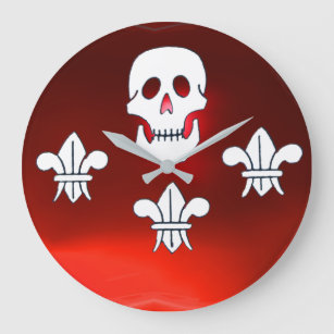 JOLLY ROGER SKULL AND THREE LILIES FLAG, Red Ruby Large Clock