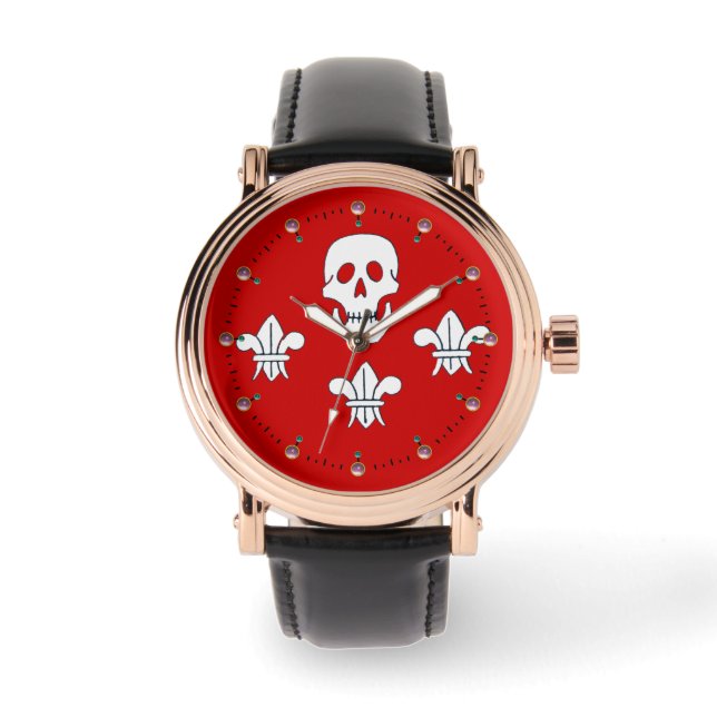 JOLLY ROGER SKULL AND THREE LILIES FLAG,Red Watch (Front)