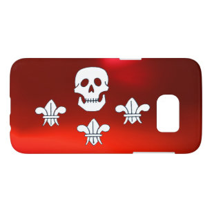 JOLLY ROGER SKULL AND THREE LILIES FLAG Red White