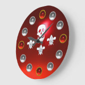 JOLLY ROGER SKULL THREE LILIES FLAG Red White Gems Large Clock (Angle)