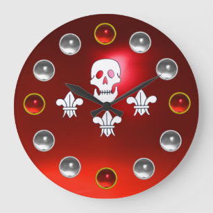 JOLLY ROGER SKULL THREE LILIES FLAG Red White Gems Large Clock
