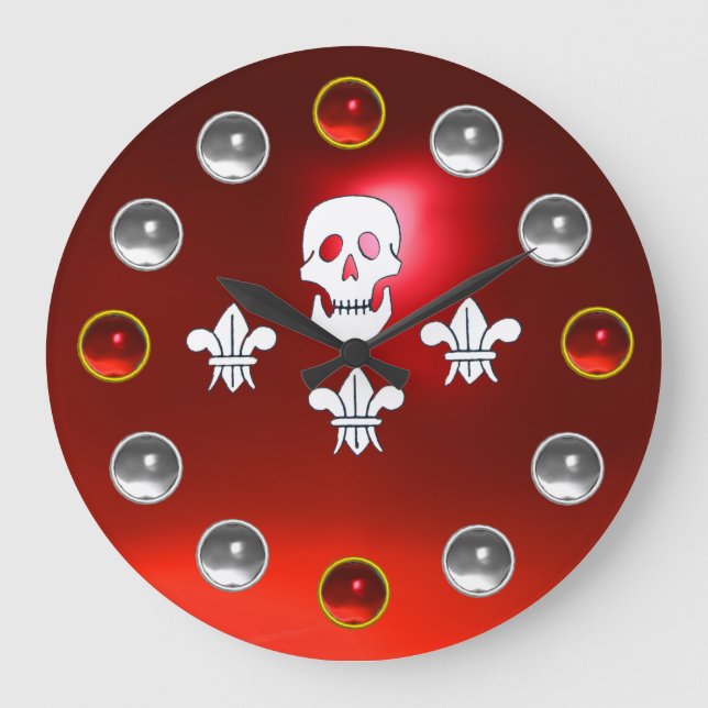 JOLLY ROGER SKULL THREE LILIES FLAG Red White Gems Large Clock (Front)