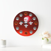 JOLLY ROGER SKULL THREE LILIES FLAG Red White Gems Large Clock (Home)