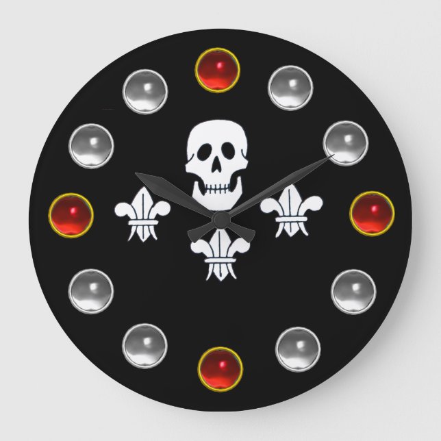 JOLLY ROGER SKULL THREE LILIES FLAG Red White Gems Large Clock (Front)