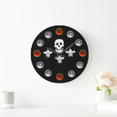 JOLLY ROGER SKULL THREE LILIES FLAG Red White Gems Large Clock (Home)